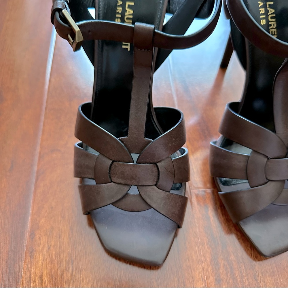 Saint Laurent Tribute Toffee Brown Woven Calf Leather High Heeled Sandals - Picture 4 of 15